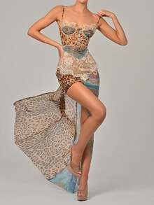 豹纹蕾丝开叉性感长裙女式礼服优雅拼接雪纺无袖露背沙滩晚礼服 - 藍色 - 查看 1