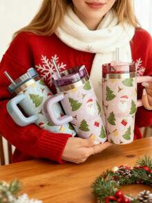 1 pezzo Elemento di Babbo Natale e albero di Natale, Tazza termica da 40oz-14oz con manico, in acciaio inossidabile isolato, adatto per viaggi, scuola, ufficio, all'aperto, palestra, casa, regalo di Natale, regalo per donne e adolescenti, regalo per le feste, regalo di compleanno (con cannuccia) - Multicolore - Visualizzare 4