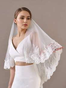 3 Meters Long Lace Edge Double Layer Cathedral Wedding Veil With Comb, Vintage Soft Tulle Bridal Headpiece - 米色 - 查看 6