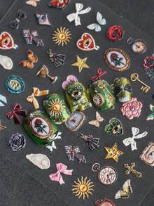 Hình dán móng tay phong cách cổ điển độc đáo với công nghệ khắc laser nổi, mang phong cách Rococo tối màu, với các họa tiết như nơ, thánh giá, mắt, đồng hồ bỏ túi, v.v., thích hợp cho việc tự làm và tạo ra những bộ móng nghệ thuật theo phong cách cổ điển tối màu. - Nhiều màu - Xem 3