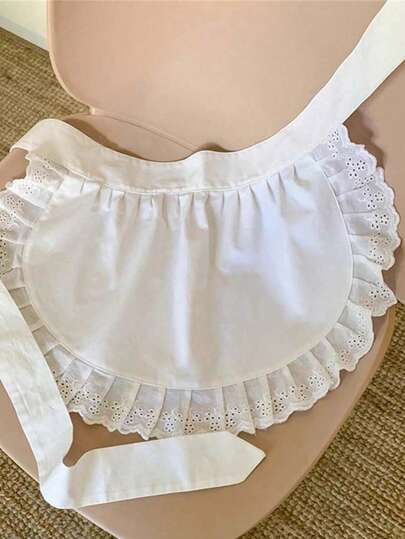 1 pieza Delantal blanco con volantes - Cordones ajustables en el cuello y la cintura, material de poliéster duradero, adecuado para la cocina, camarero de restaurante, cocinar, hornear, recibir invitados, decoración navideña