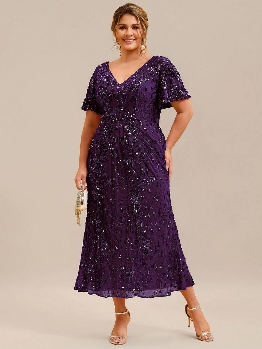 EVERPRETTY Vestido midi de sirena con escote en V y mangas cortas con lentejuelas para mujer de talla grande, vestido de noche morado adecuado para cena formal, vacaciones, invitada de boda, vestido de fiesta formal que se ajusta a la curva para ocasiones de primavera