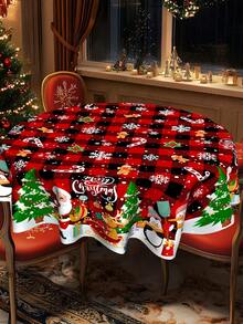 1 pieza - Mantel redondo con tema navideño, disponible en múltiples patrones. Con cabañas cubiertas de nieve, renos, muñecos de nieve, Papá Noel con regalos y elementos de copos de nieve. Hecho de poliéster, perfecto para decorar mesas de comedor y crear un ambiente festivo navideño.