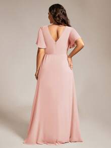 Plus Size Butterfly Sleeve V-Neck Ruched High Slit Pink Bridesmaid Dress, Suitable For Weddings, Parties, Spring/Summer Wedding Guest Formal Dress, Mother Of The Bride Dress Party - Pink - View 3