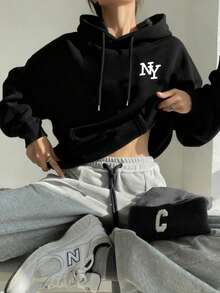 Women's Graphic Print Loose Fit Fleece Lined Hoodie Sweatshirt, Winter - Black - View 7