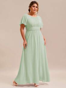 EVERPRETTY Elegant Plus Size Sage Green Chiffon Dress, Round Neck Ruffle Sleeve, Suitable For Wedding Guest, Party, Bridesmaid, Mother Of The Bride Spring - Mint Green - View 4