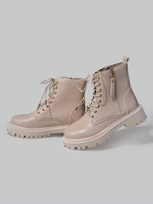 DareSee 2025秋冬新款春秋季女士厚底靴，白色侧拉链圆头短靴，英伦风机车靴，女士圣诞礼物靴