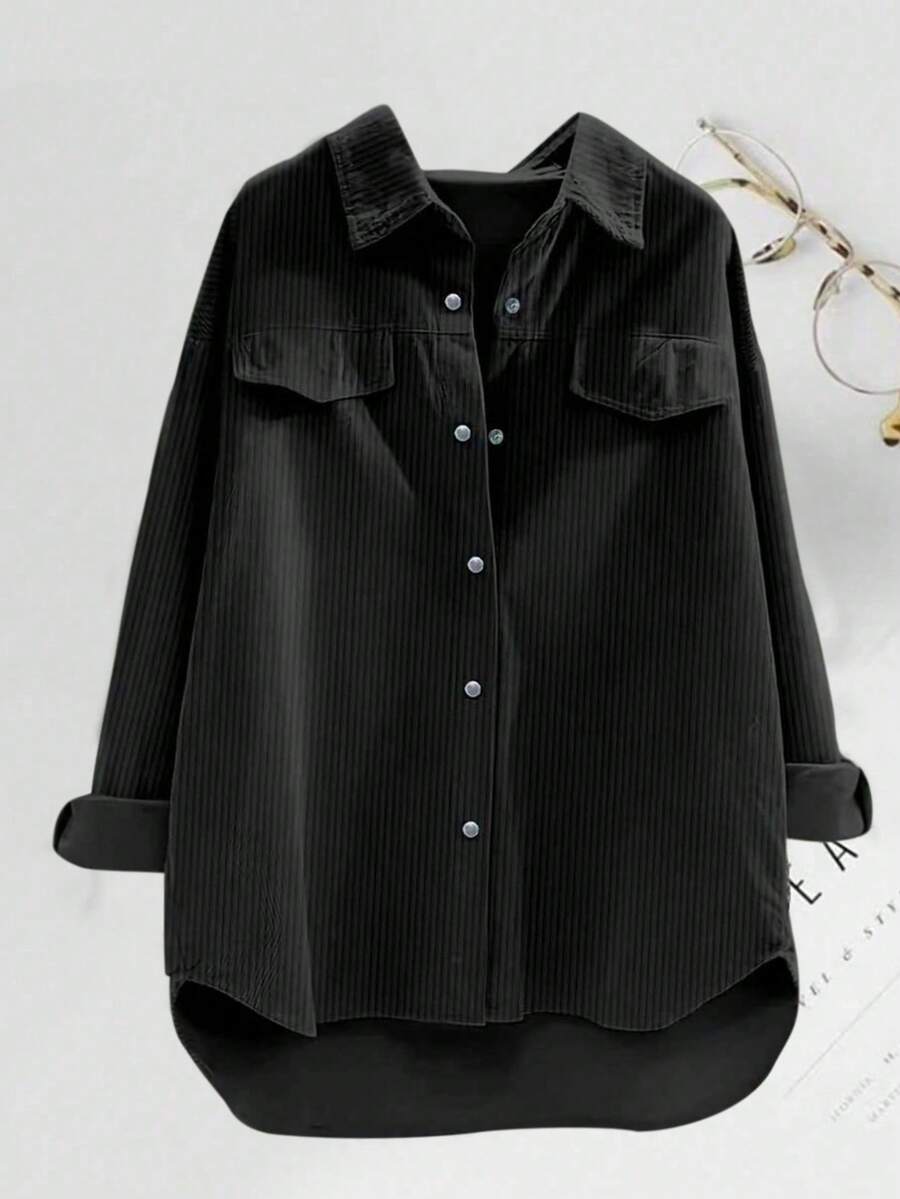 女士纯色正面纽扣休闲百搭长袖衬衫 - 黑色 - 查看 1