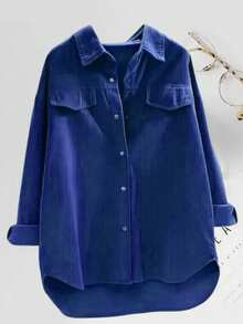 女士时尚涤纶翻领长袖落肩灯芯绒休闲衬衫，不对称下摆配纽扣细节，春季款 - 寶藍色 - 查看 4