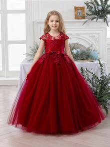 酒红色蝴蝶结刺绣薄纱优雅派对圣诞礼服,公主裙,适合女孩生日派对、宴会、晚宴、花童、伴娘、婚礼、感恩节、毕业典礼等场合。 - 酒紅色 - 查看 2