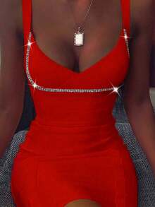 Christmas Summer Elegant Spaghetti Strap V Neck Short Bodycon Dress Women Ribbed Crystal Embellished Bandage Dress Sexy Red Night Out Cocktail Party Dress Clothes - Red - View 1