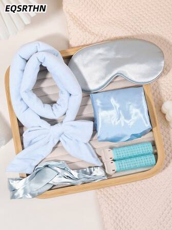 6-delat set med hårband och ögonmask i satin, fluffiga hårlocktänger och spännen, stilfulla håraccessoarer för hemmabruk, bekväma sömn- och hårvårdsprodukter, elegant presentförpackning för håraccessoarer, födelsedagspresent till bästa vän, klospännen, hårstylingset