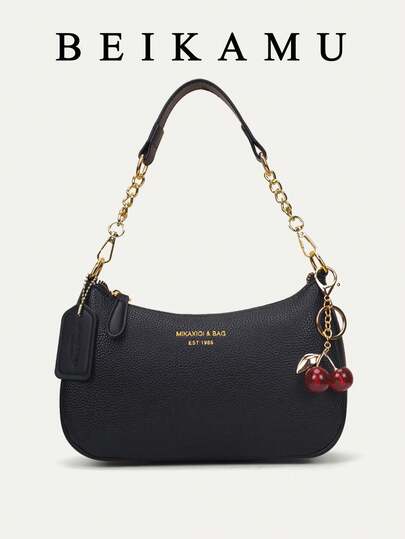 1 件女士纯色 PU 单肩包，多功能腋下包，适合上班通勤，可调节肩带斜挎包，带樱桃吊坠