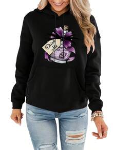 Plus Size Women'S Halloween Hoodie - Black Pullover Sweatshirt With Magical Potion Graphic, Long Sleeve Hooded Sweater For Halloween Party Outfit, Casual Winter Clothing - Easy-Care Women'S Clothing, Halloween Clothes, Festive Attire, Whimsical Design - màu đen - Xem 1