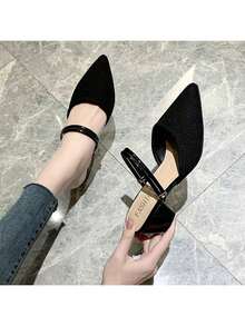 Las mujeres del dedo del pie puntiagudo envolver la cabeza del talón medio sandalias de tacón grueso, el temperamento de tela transpirable sandalias de medio arrastre - Negro - Ver 6