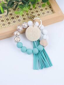 1pc Printed Wooden Bead Bracelet, Wrist Keychain, MAMA Beaded Tassel Keychain, Bag Charm Accessory, Women Key Chain, For Friends And Family Car Accessories Cute Goth Y2k Christmas Gift Ideas Bag Accessories Lanyards With Id Holder Car Accessories Bag Charms Car Teacher Sister - Green - View 5