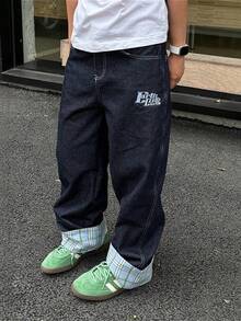 New Summer Plaid Patchwork Cuffed Jeans Men's High-Grade Wide Leg Straight Loose Couple Long Pants - 藍色格子 - 查看 1