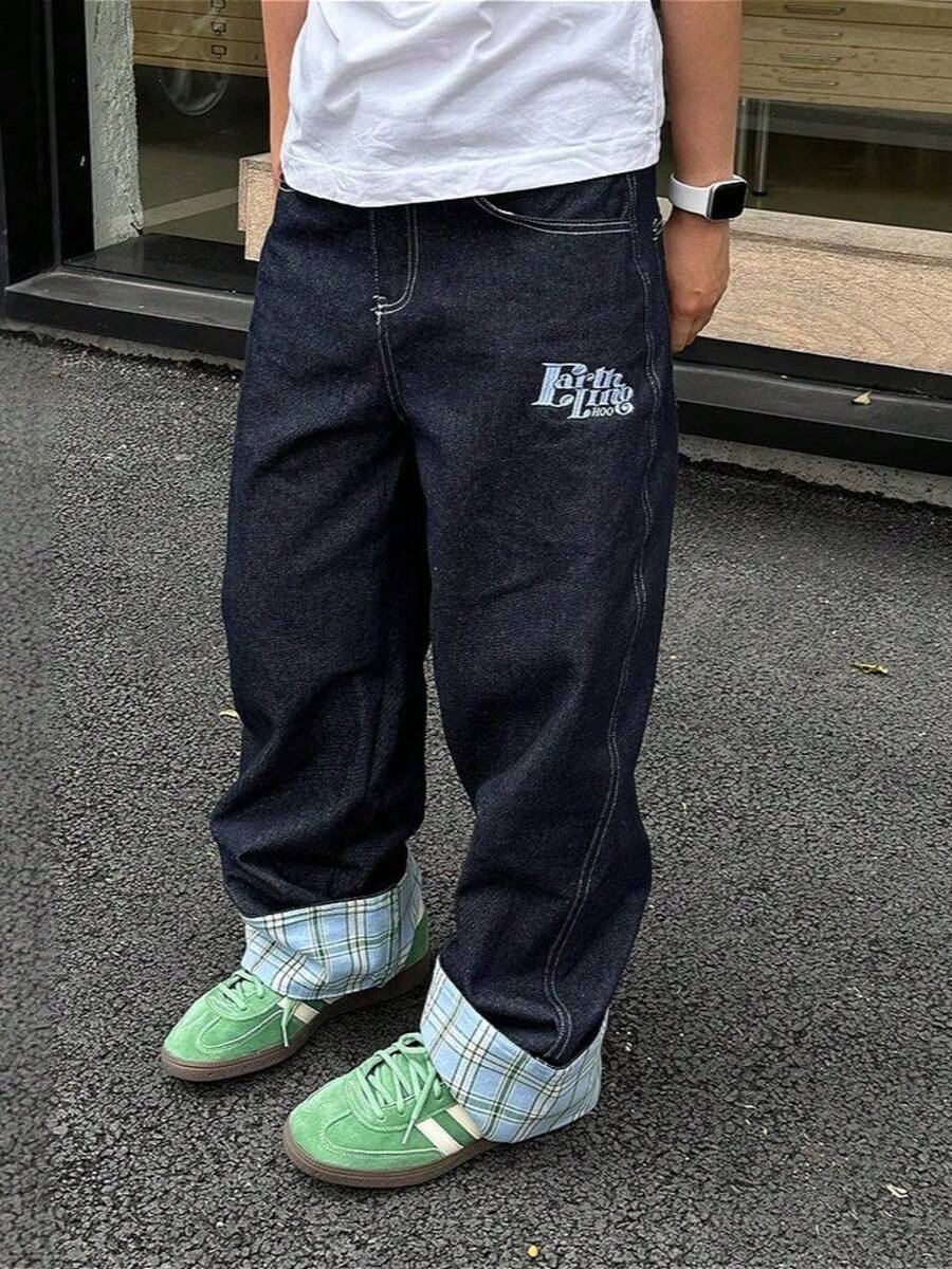 New Summer Plaid Patchwork Cuffed Jeans Men's High-Grade Wide Leg Straight Loose Couple Long Pants - 藍色格子 - 查看 1