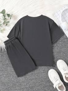 Toddler Car Print Short Sleeve T-Shirt And Shorts Set - Dark Grey - View 2