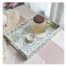 1 pieza/2 piezas Bandeja rectangular con incrustaciones de conchas con forma de hoja azul, plato decorativo de conchas de colores hecho a mano para frutas, joyería, almacenamiento de escritorio en el hogar, decoración de fiestas de Navidad y Halloween, regalo - Celeste - Ver 9