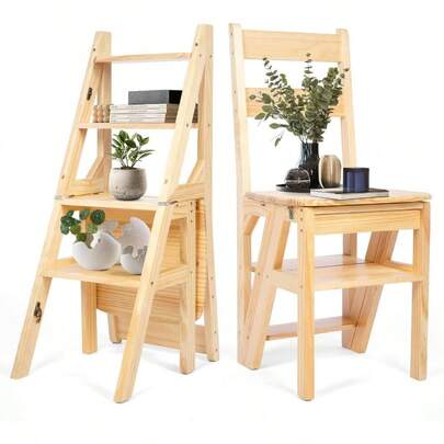 Solid Wood Folding Ladder Chair, Protable 4 - Step Library Ladder, 's Step Stools, Convertible Folding Chair Step Stool Display Stand Flower Rack Office Home Kitchen