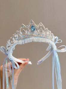 1pc Girls' Fairy Icy Snow Headband, Sweet Princess Ribbon Veil Crown Hair Accessory - Blue - View 8