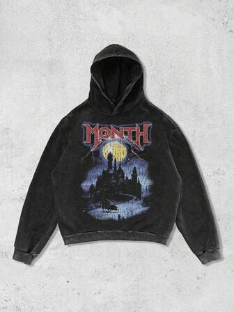 1pc Men's Hoodie, Gothic Castle Full Moon Metal Element Print #Art Punk, American Vintage Distressed Pullover Hoodie, Casual Everyday Wear