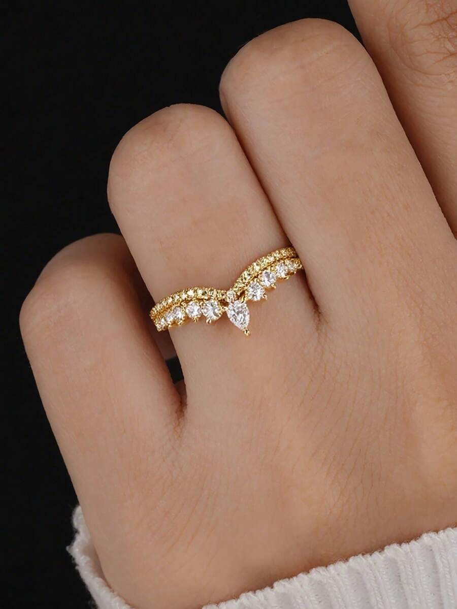 1pc Gold-Plated Water Drop Shaped Cubic Zirconia Wing Ring, Exquisite V-Shaped Shiny Design, Suitable For Date Night And Daily Wear, Ideal Gift For Women