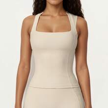 Women's Square Neck Sleeveless Fitted Active Tank Top With Seam Detailing - Màu be - Xem 1