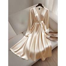 Satin + Belt Decor Long Sleeve Midi Dress - Khaki - View 1