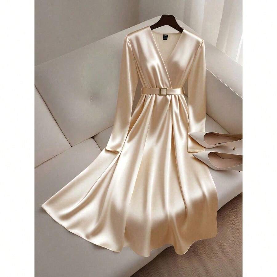 Satin + Belt Decor Long Sleeve Midi Dress - Khaki - View 1