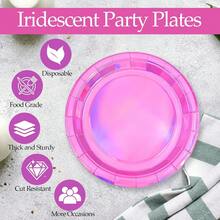 50PCS Iridescent Party Paper Plates, 7 Inch Holographic Dessert Plates Sparkling Rainbow  Party Supplies Dration For Mermaid Birthday Wedding Parties (Iridescent),25837426 - 玫瑰紅 - 查看 5