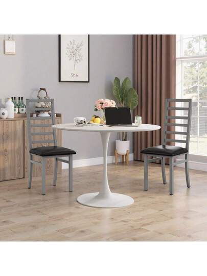 Set Of Metal Dining Chairs, Steel Legs PU Leather Seats, Armless High Back Kitchen, Living Room, Grijs view 7