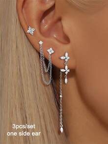 3 Pcs/Set Unique Gold Plated Cubic Zirconia Butterfly Chain Drop Dangle Earrings For Women Zirconia Stud Earrings Set Elegant Jewelry