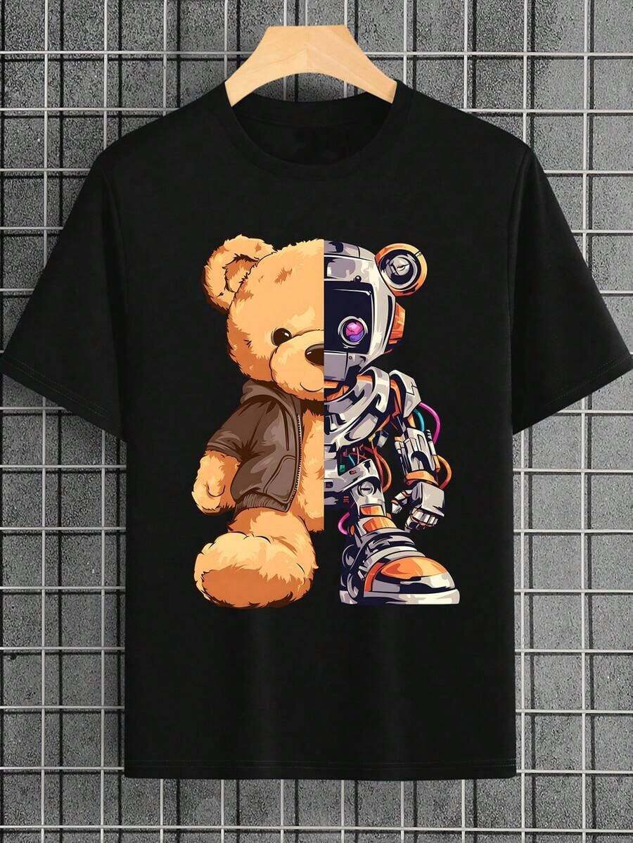 Camiseta de manga corta casual de verano para niño preadolescente con estampado de oso - Negro - Ver 1