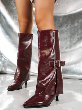 Pointed Toe Riding Boots, Fashionable Tall Metal Buckle Slim High Heel Straight Tube Leg Boots, Slimming Knee-High Boots
