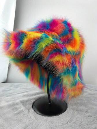 1件装女士撞色仿毛皮渔夫帽，冬季时尚加厚保暖多色狐狸毛帽，冬季装备