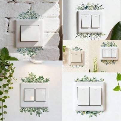 6pcs Removable Fresh Green Leaves Switch Stickers, Self-Adhesive Pvc Light Switch Decal Socket Decoration, Living Room Bedroom Bathroom Kitchen Decorative Art Murals