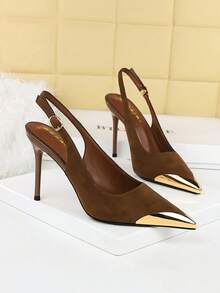 欧美风金属尖头高跟鞋，细跟超高跟踝带女士派对鞋