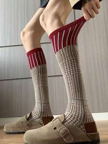 1 Pair Retro American Preppy Style Knee,High Socks, Colorblock Houndstooth & Plaid Pattern, Suitable For Early Autumn, Cozy Socks - Multicolor - View 8
