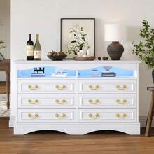 120*40*70cm Living Room Cabinet, Modern Chest Of Drawers With 6 Compartments, Width 120 Cm, Side Cabinet With LED Light Strip, Sideboard With Semi-Open Storage Space, Suitable For Hallways, Living Rooms, Offices, White - White - View 5