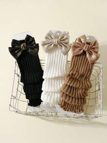 3 Pairs Kids Knitted Leg Warmers, Solid Color With Bow Design, Suitable For Elementary And Middle School Students To Pair With School Uniforms And Daily Wear