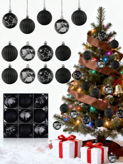 9个/盒黑色圣诞球挂饰，带绳，圣诞树装饰套装，防碎圣诞树挂饰，黑色星星圣诞球挂饰，适用于节日婚礼派对装饰，易于悬挂，喜庆，圣诞树装饰