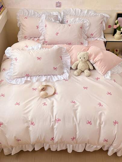 4pcs Floral Lace Bedding Set, Soft & Comfortable Bedroom Linens, Bowknot Design, Breathable All Season Bed Set Including 1 Duvet Cover, 1 Flat Sheet, 2 Pillow Shams, No Filling, Suitable For Bedroom, Dorm, Home Use, Multiple Sizes Available