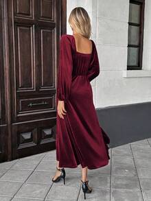 Robe longue à col en velours décolleté en cœur et fente haute, manches longues. Élégante, convient pour les banquets, les fêtes et le port quotidien. Automne/Hiver Printemps - Rouge foncé - Voir 7