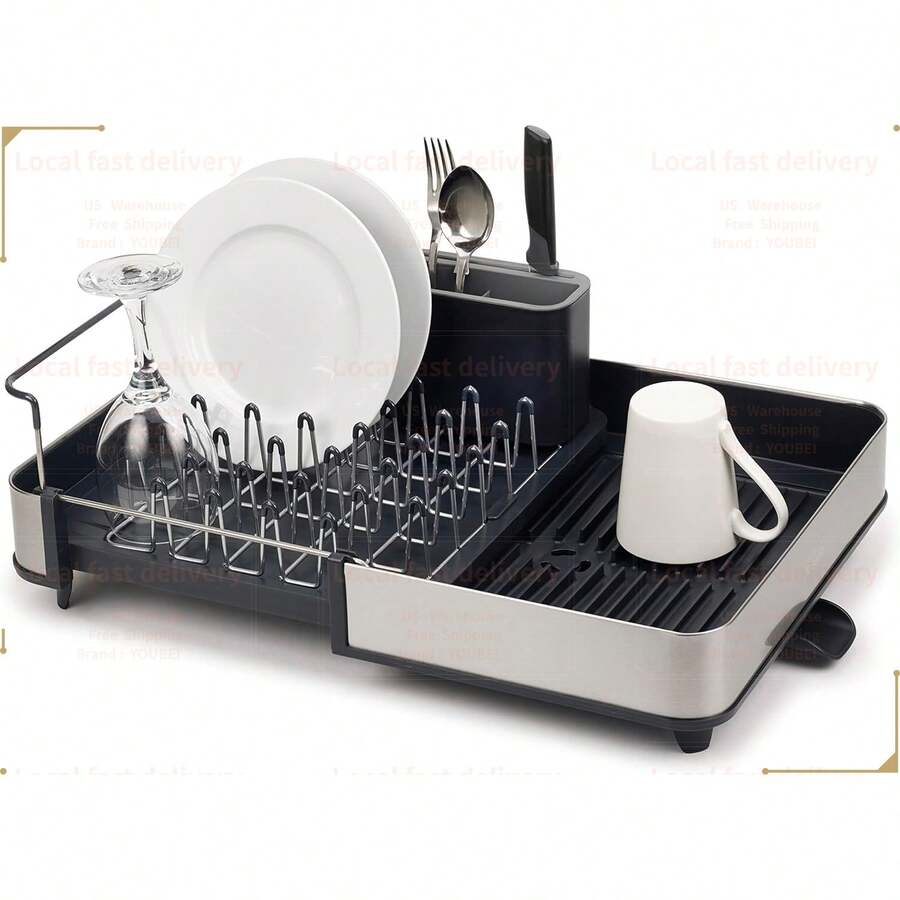 Local Devery-YOUBEI-Joseph Joseph Extendable Dish Drying Rack With Dual Parts - Stainless Steel, Non-Scratch, Movable Utensil Drainer & Drainage Spout, Gray - 1 - 查看 1
