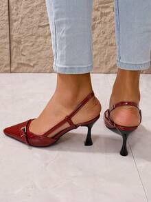2025新款夏季优雅女士酒红色尖头高跟凉鞋，坡跟小猫跟闭趾凉鞋，秋季坡跟踝靴，勃艮第酒红色高跟鞋 - 酒紅色 - 查看 5