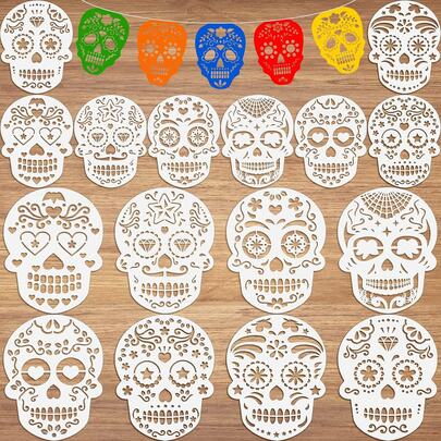 Epakh 16 Piezas Plantillas de Plástico para Tartas con Forma de Calavera del Día de Los Muertos Plantillas para Pintar Calaveras Plantillas para Fiestas Mexicanas para Halloween, 2 Tama?os