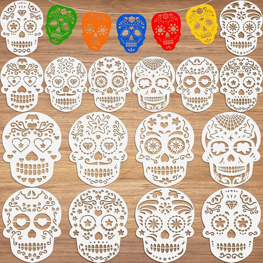 Epakh 16 Piezas Plantillas de Plástico para Tartas con Forma de Calavera del Día de Los Muertos Plantillas para Pintar Calaveras Plantillas para Fiestas Mexicanas para Halloween, 2 Tama?os - albaricoque - Ver 1