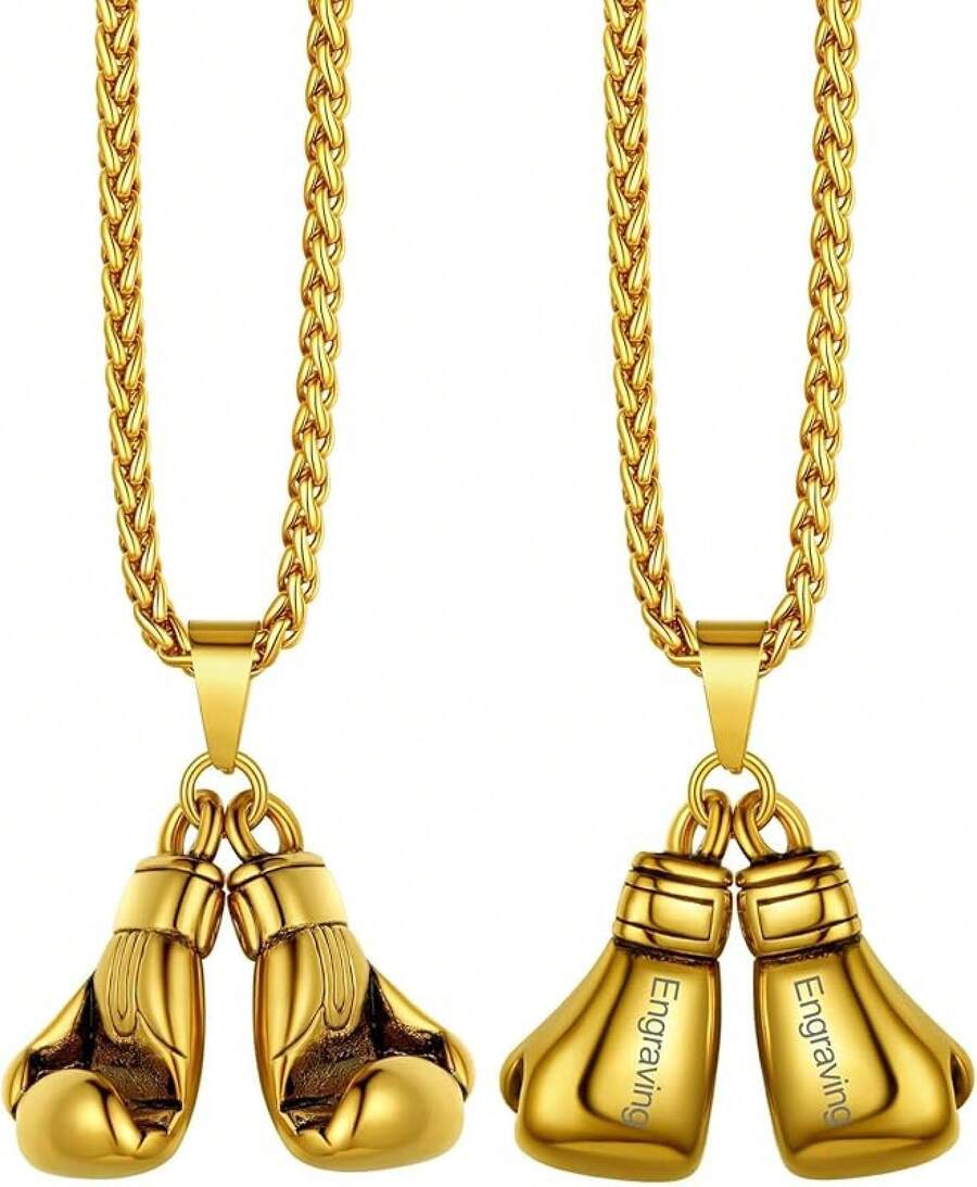 Richsteel 3D/Basketball/Soccer/Baseball Ball Boxing Glove Cool Pendant Men, 316L Stainless Steel Sneaker Chain,Sport Fan Jewelry - 08-雕刻金色拳擊手套 - 查看 1